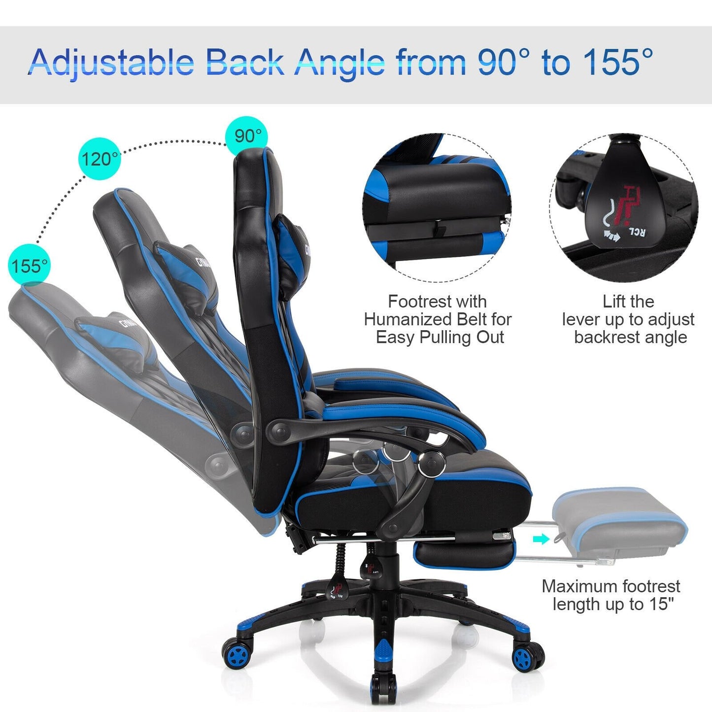 Adjustable Gaming Chair with Footrest for Home Office, Blue Gaming Chairs   at Gallery Canada