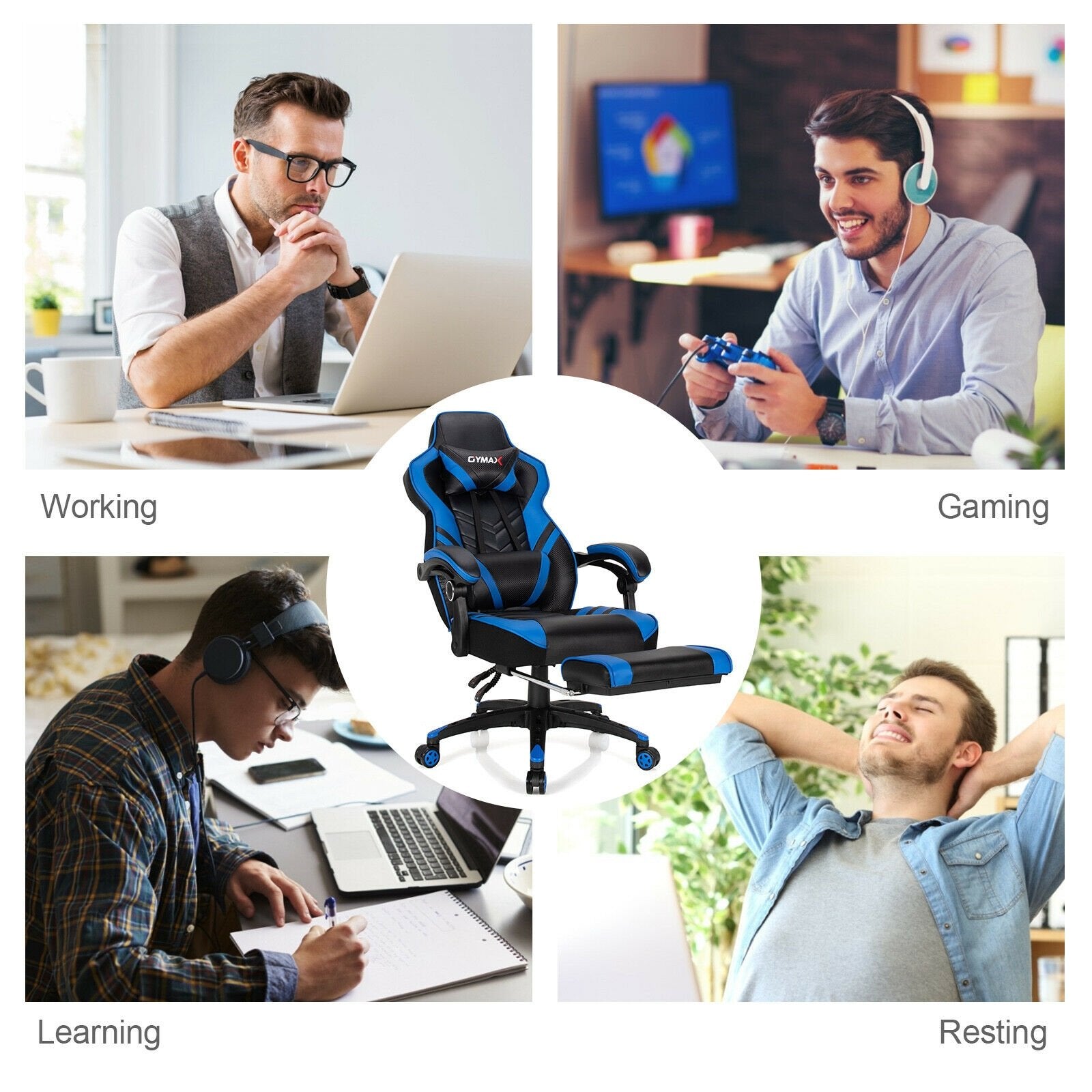 Adjustable Gaming Chair with Footrest for Home Office, Blue Gaming Chairs   at Gallery Canada