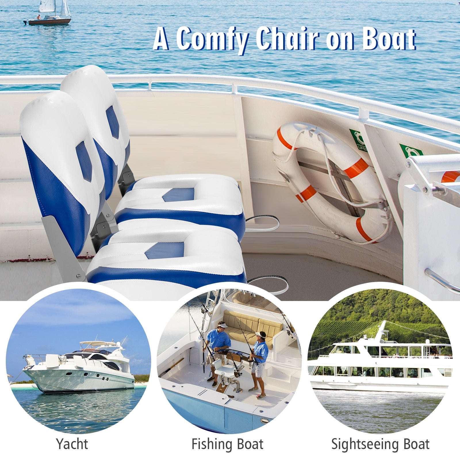 Set of 2 Folding Low Back Fishing Boat Seat with Stainless Steel Screws, Blue Swimming at Gallery Canada