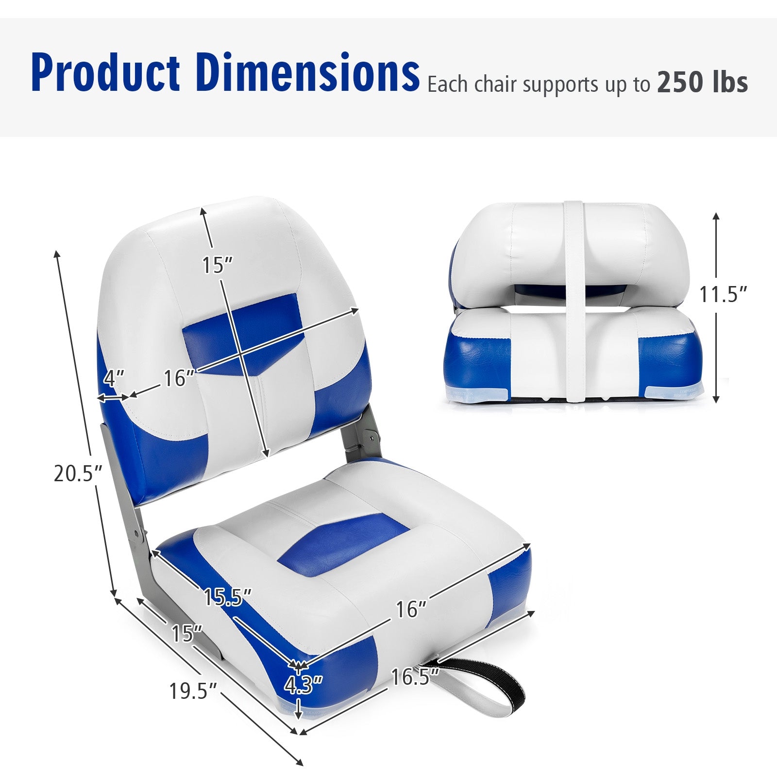 Set of 2 Folding Low Back Fishing Boat Seat with Stainless Steel Screws, Blue Swimming at Gallery Canada