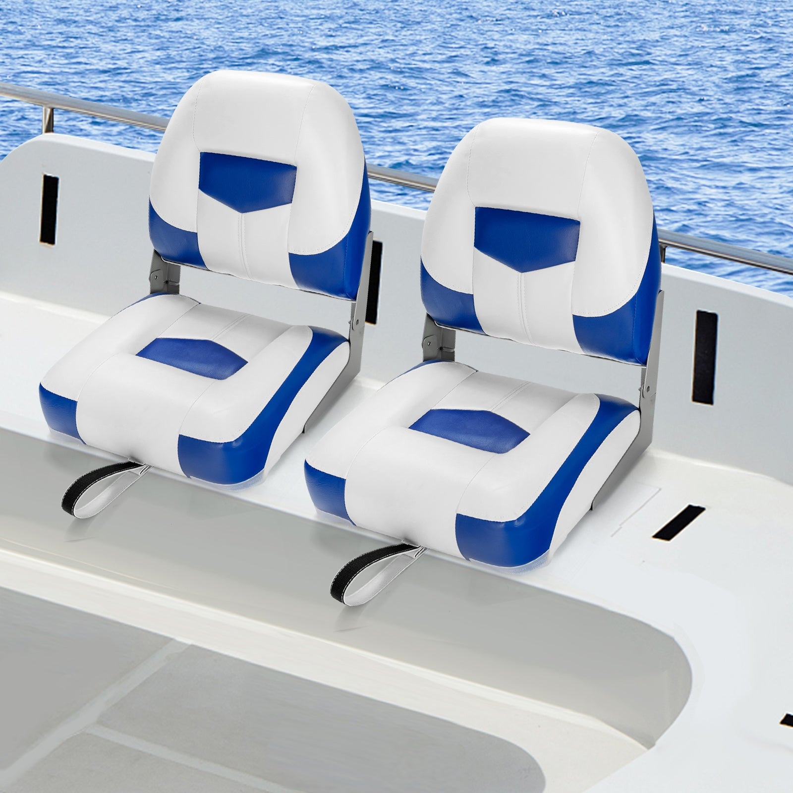 Set of 2 Folding Low Back Fishing Boat Seat with Stainless Steel Screws, Blue Swimming at Gallery Canada
