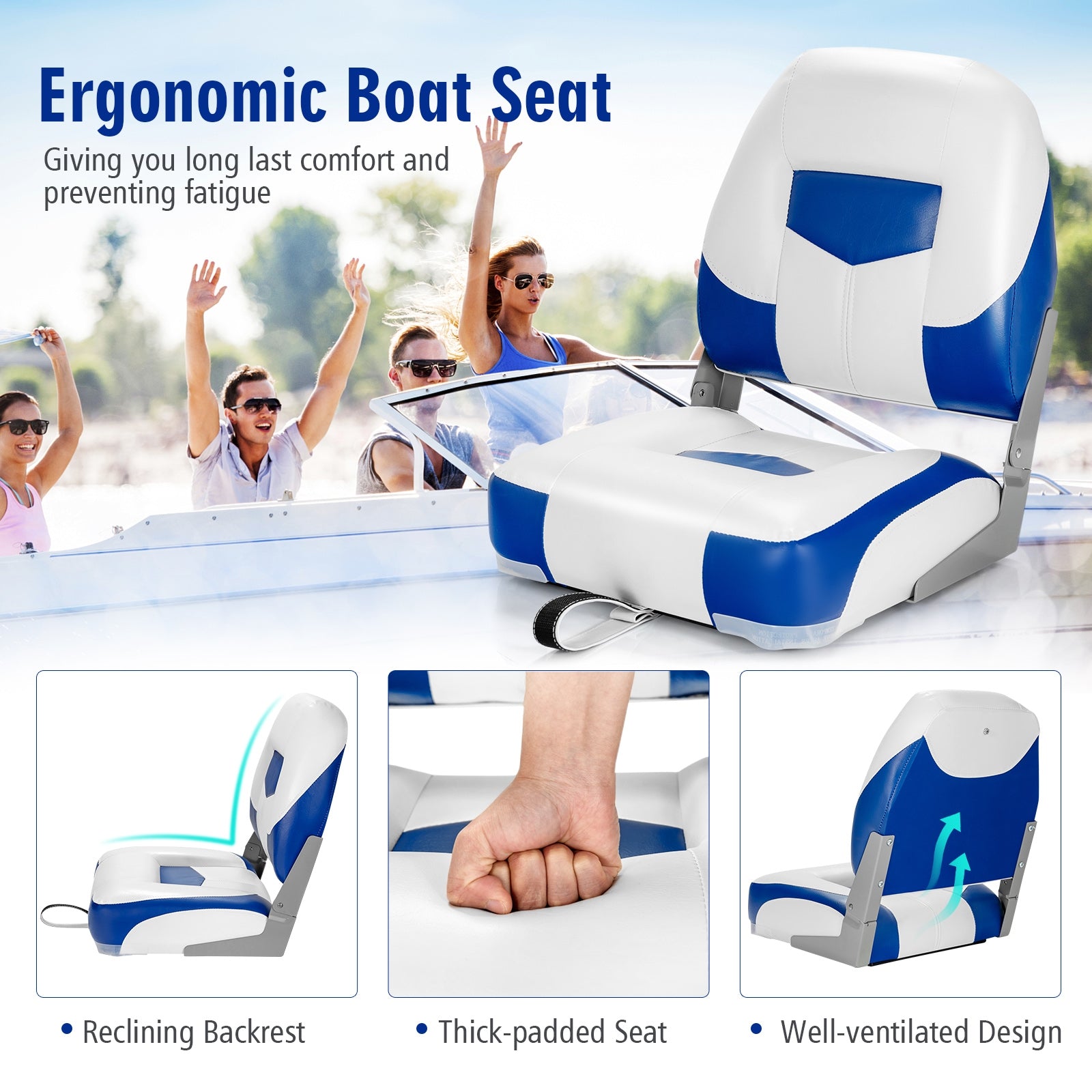 Set of 2 Folding Low Back Fishing Boat Seat with Stainless Steel Screws, Blue Swimming at Gallery Canada