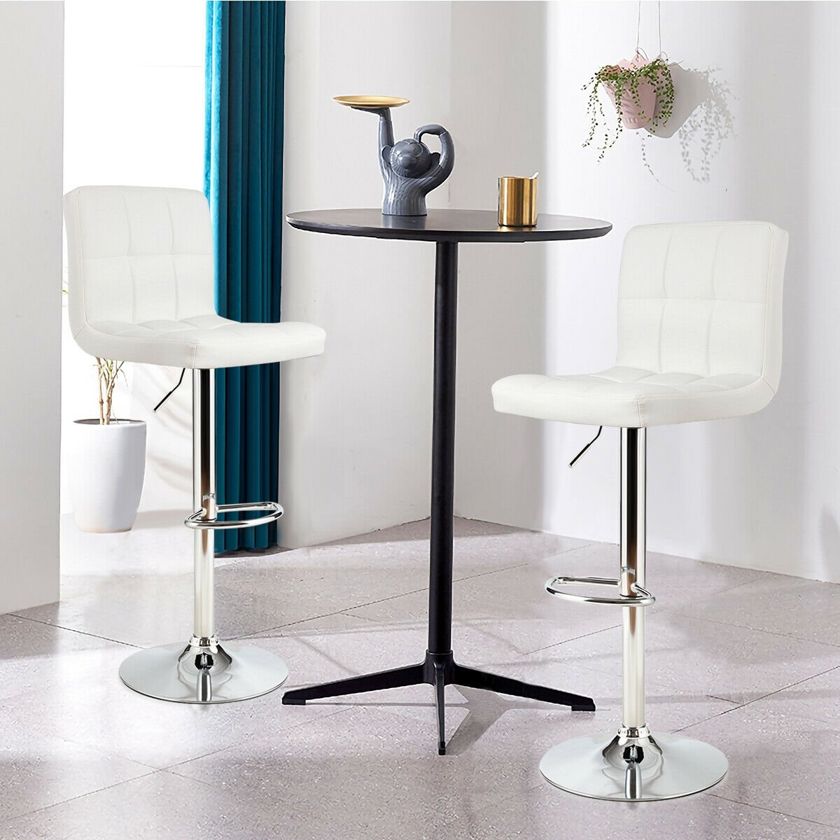 Set of 2 Square Swivel Adjustable PU Leather Bar Stools with Back and Footrest, White Bar Stools   at Gallery Canada