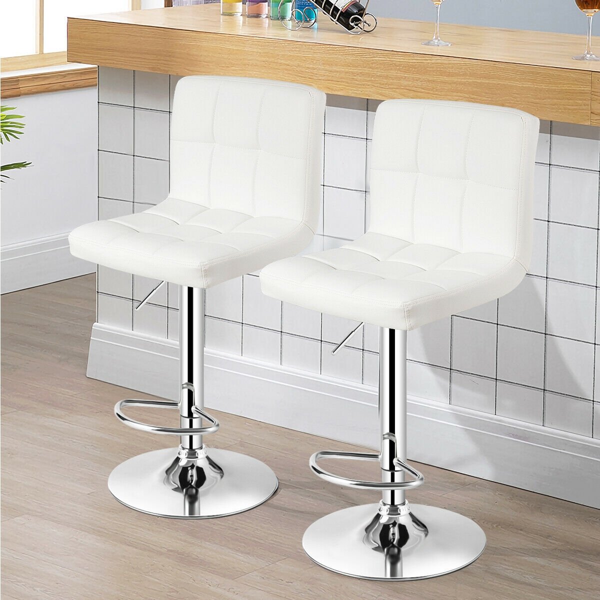 Set of 2 Square Swivel Adjustable PU Leather Bar Stools with Back and Footrest, White Bar Stools   at Gallery Canada