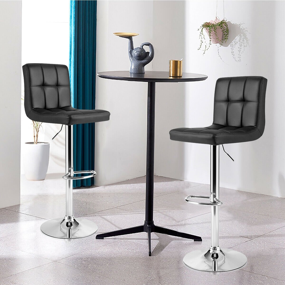 Set of 2 Square Swivel Adjustable PU Leather Bar Stools with Back and Footrest, Black - Gallery Canada