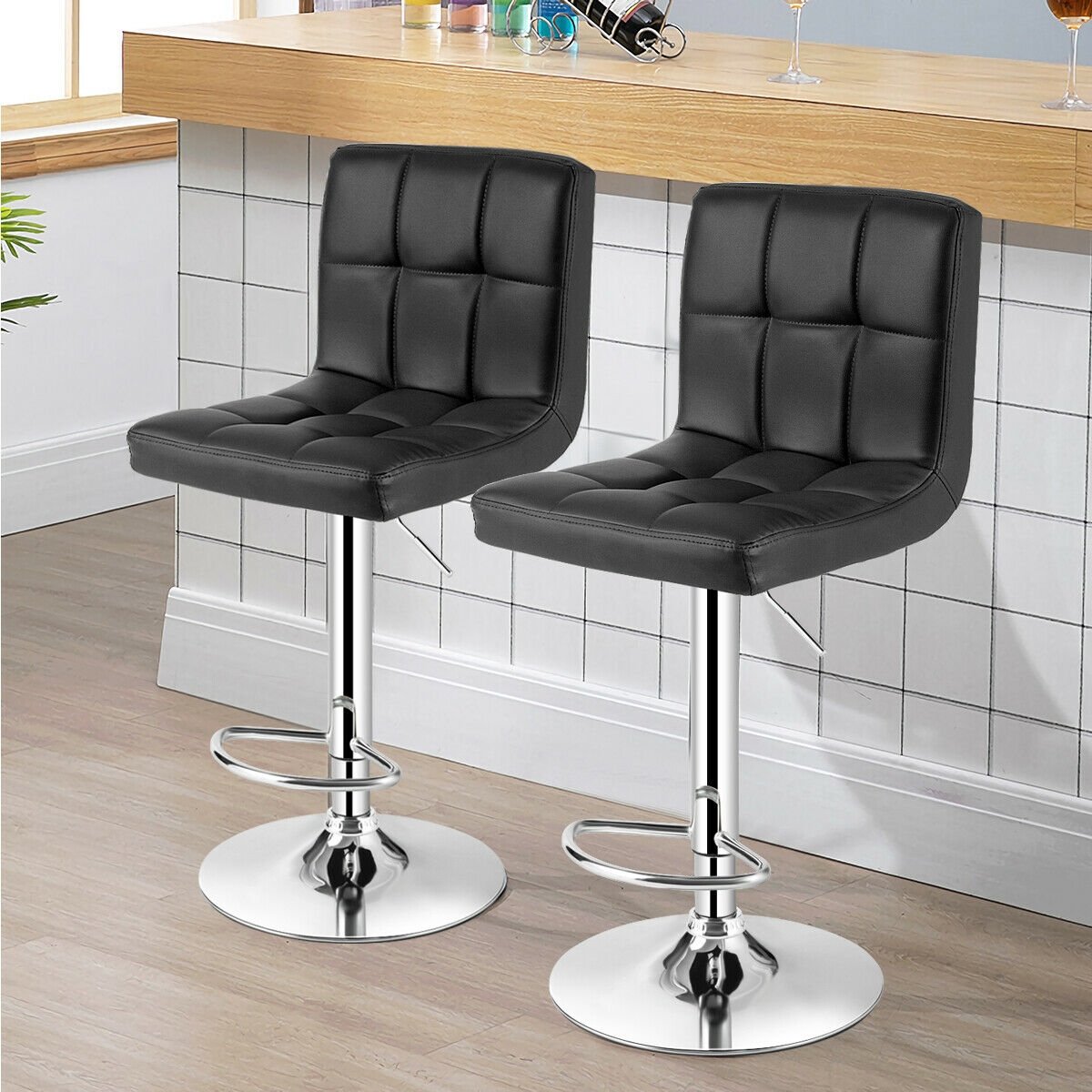 Set of 2 Square Swivel Adjustable PU Leather Bar Stools with Back and Footrest, Black Bar Stools   at Gallery Canada