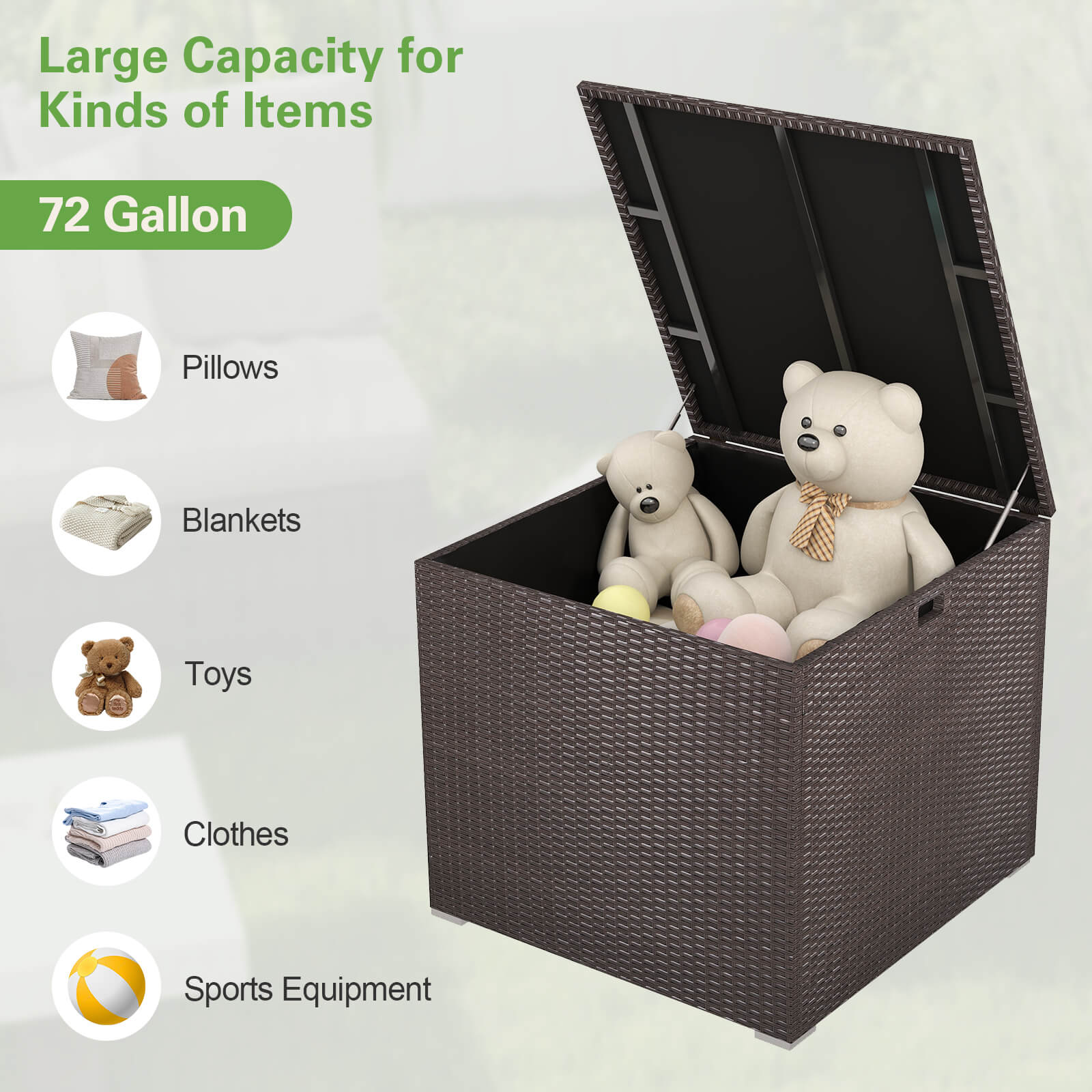 72 Gallon Rattan Outdoor Storage Box with Zippered Liner and Solid Pneumatic Rod, Brown - Gallery Canada
