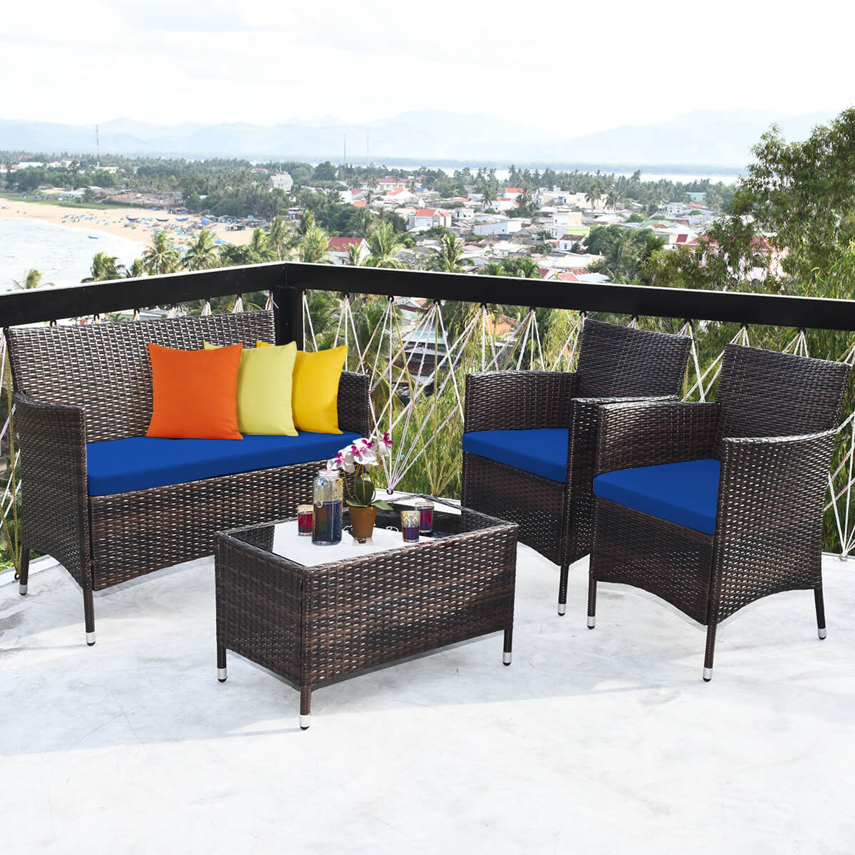 4 Pieces Rattan Sofa Set with Glass Table and Comfortable Wicker for Outdoor Patio, Navy Patio Conversation Sets   at Gallery Canada