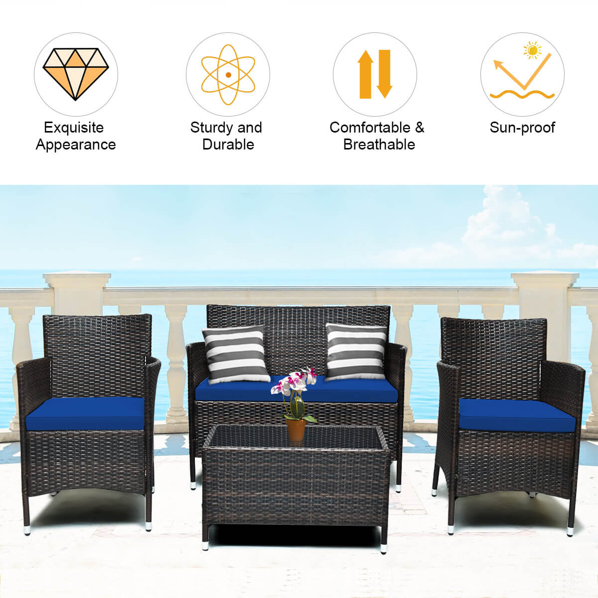 4 Pieces Rattan Sofa Set with Glass Table and Comfortable Wicker for Outdoor Patio, Navy Patio Conversation Sets   at Gallery Canada