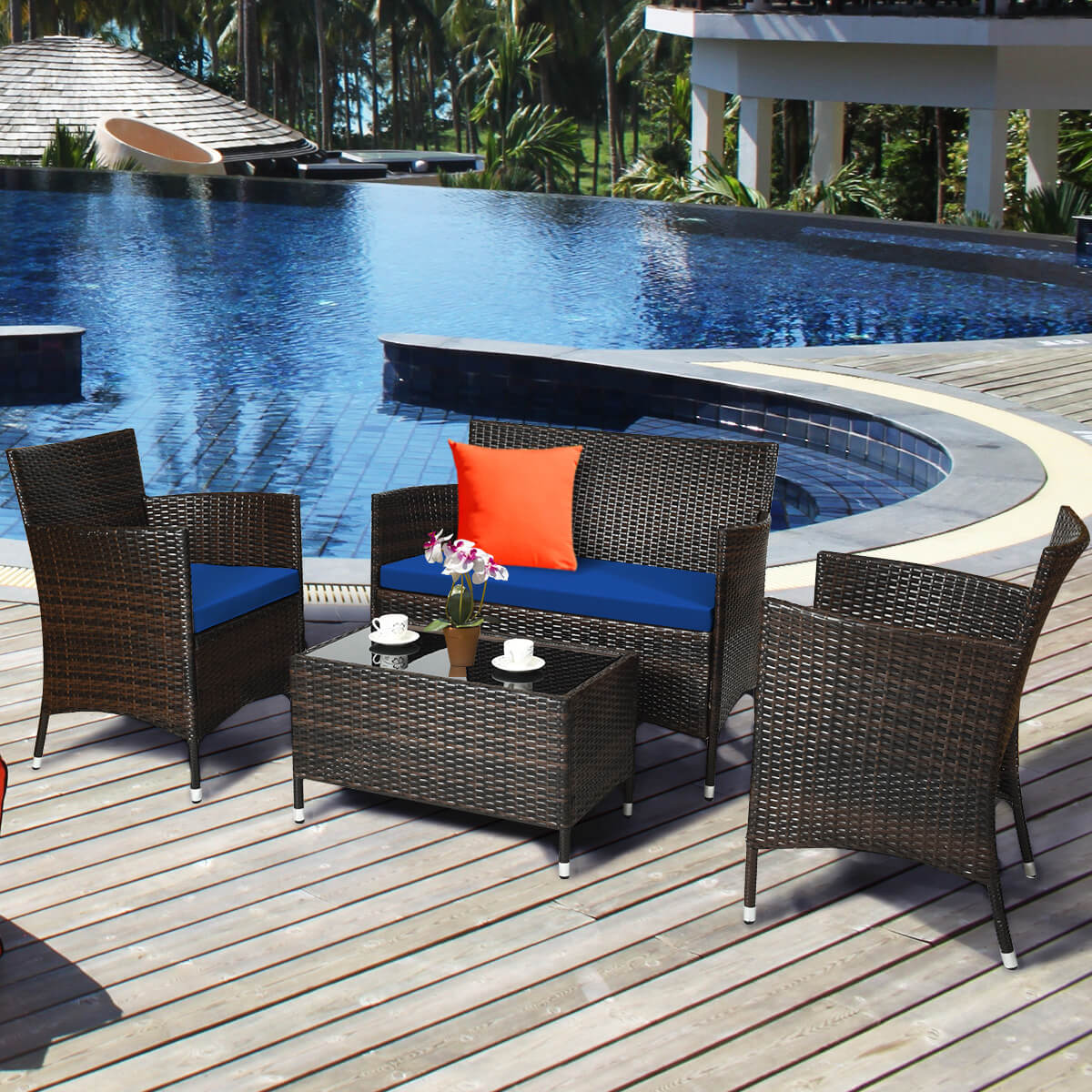 4 Pieces Rattan Sofa Set with Glass Table and Comfortable Wicker for Outdoor Patio, Navy Patio Conversation Sets   at Gallery Canada