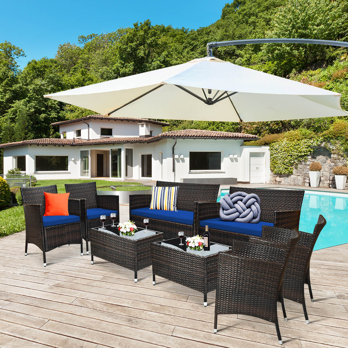 4 Pieces Rattan Sofa Set with Glass Table and Comfortable Wicker for Outdoor Patio, Navy Patio Conversation Sets   at Gallery Canada