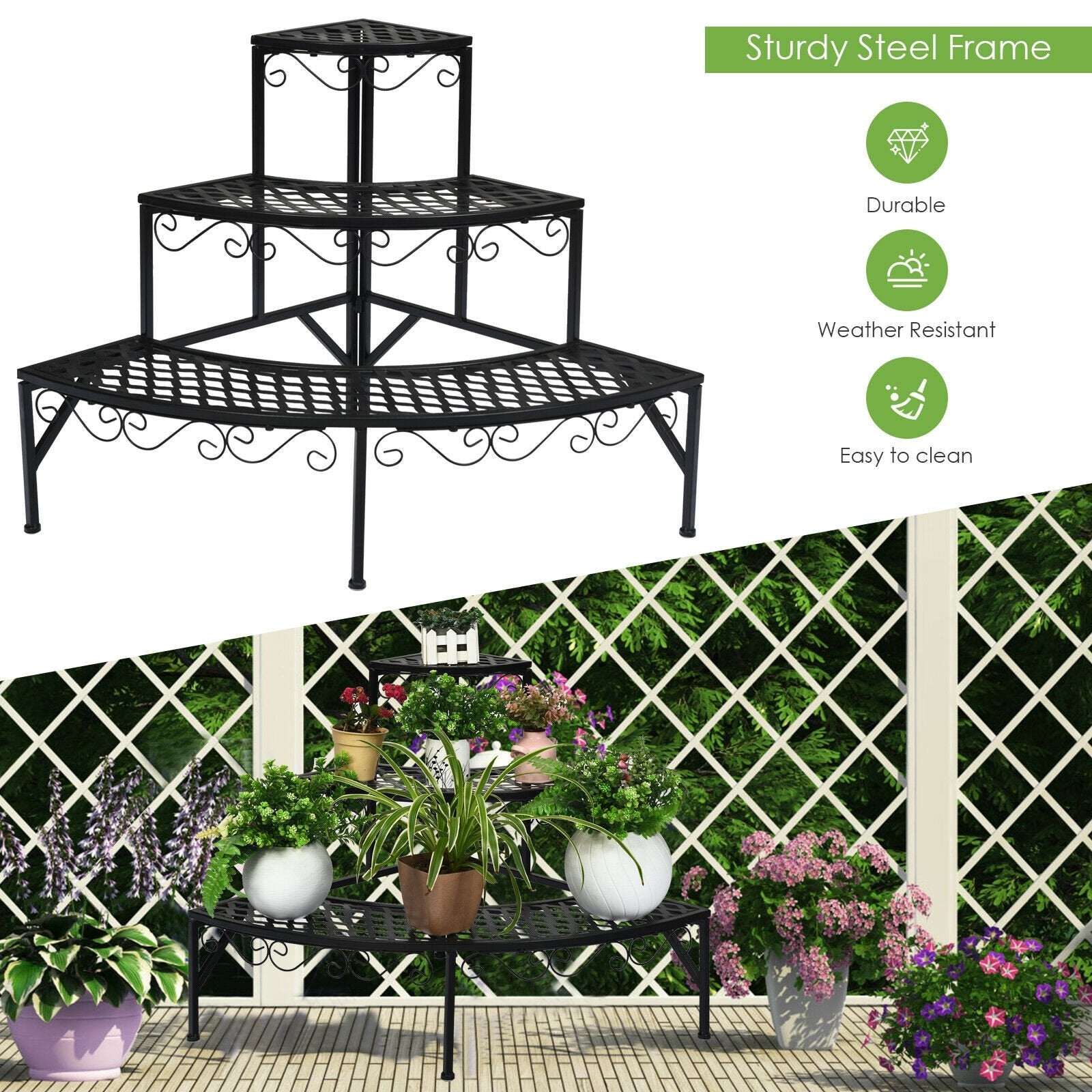 3 Tier Metal Corner Plant Display Rack, Black Plant Stands   at Gallery Canada