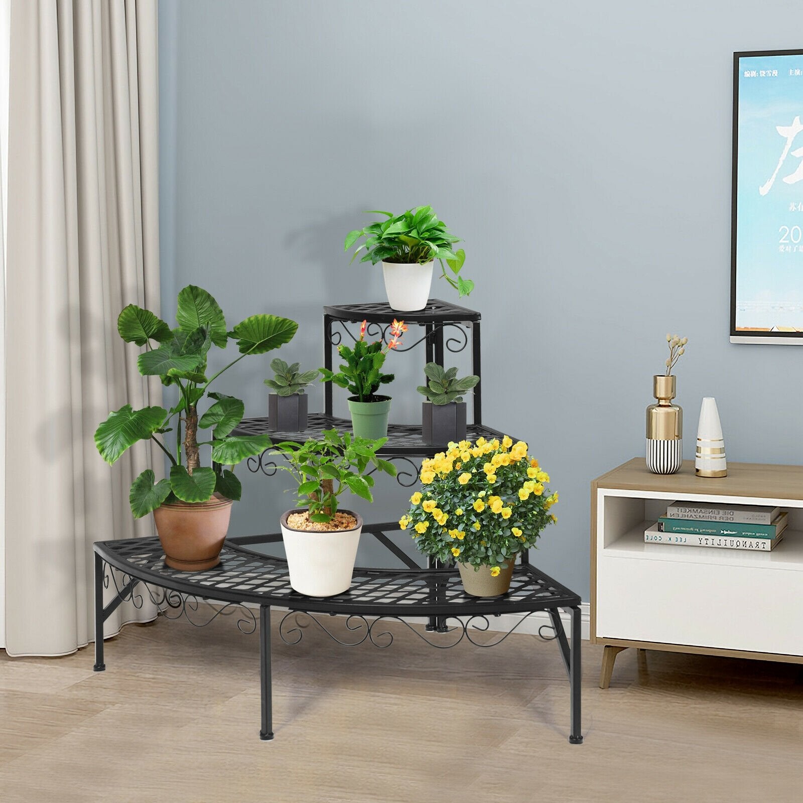 3 Tier Metal Corner Plant Display Rack, Black Plant Stands   at Gallery Canada