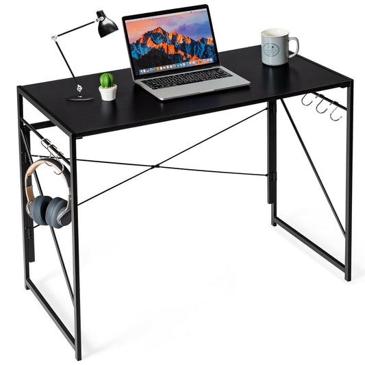 Folding Computer Desk Writing Study Desk Home Office with 6 Hooks, Black - Gallery Canada
