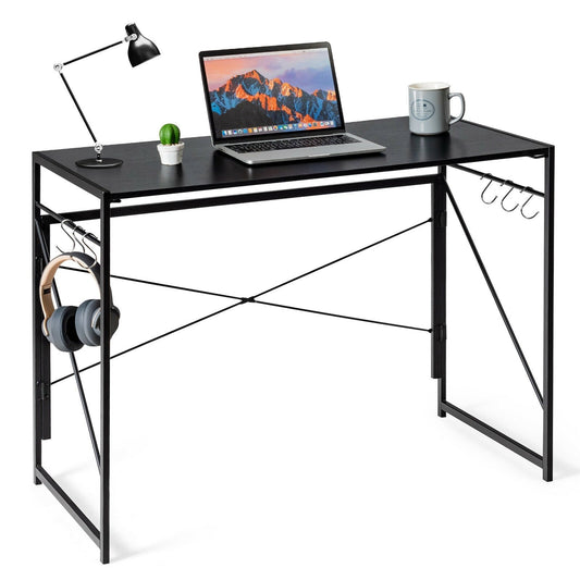 Folding Computer Desk Writing Study Desk Home Office with 6 Hooks, Black - Gallery Canada