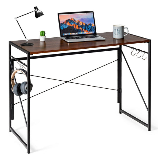 Folding Computer Desk Writing Study Desk Home Office with 6 Hooks, Brown - Gallery Canada