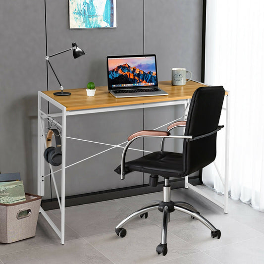 Folding Computer Desk Writing Study Desk Home Office with 6 Hooks, Natural - Gallery Canada