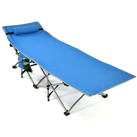 Folding Camping Cot with Side Storage Pocket Detachable Headrest, Blue Camping Furniture Blue  at Gallery Canada