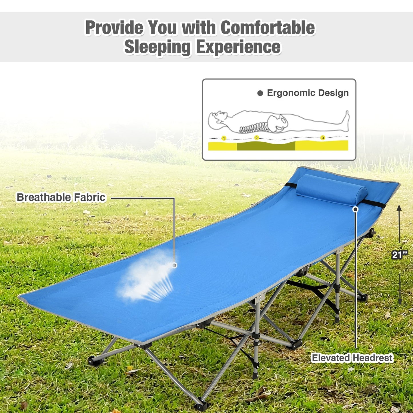 Folding Camping Cot with Side Storage Pocket Detachable Headrest, Blue Camping Furniture   at Gallery Canada