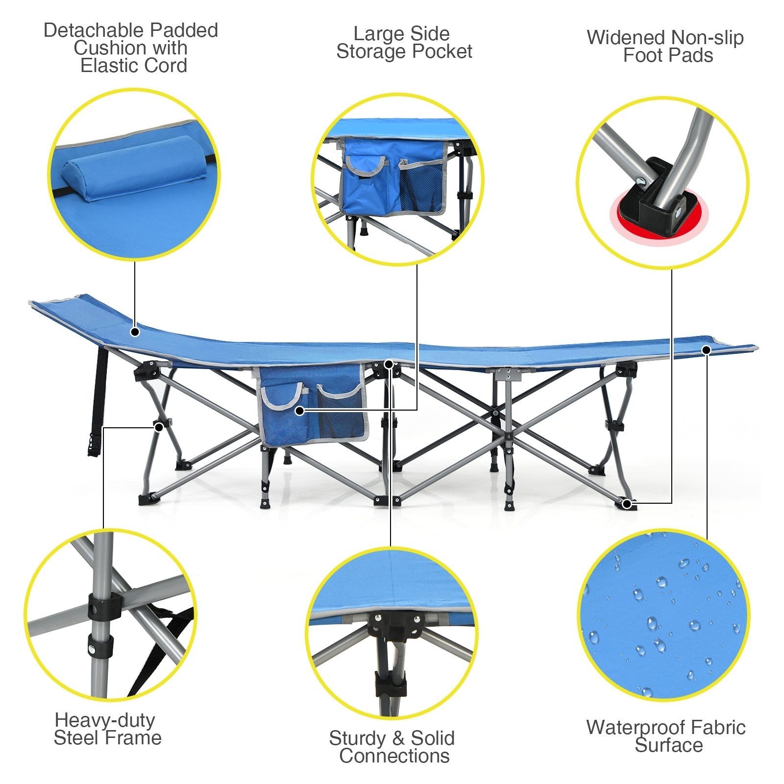 Folding Camping Cot with Side Storage Pocket Detachable Headrest, Blue Camping Furniture   at Gallery Canada