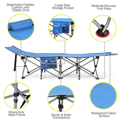 Folding Camping Cot with Side Storage Pocket Detachable Headrest, Blue Camping Furniture   at Gallery Canada