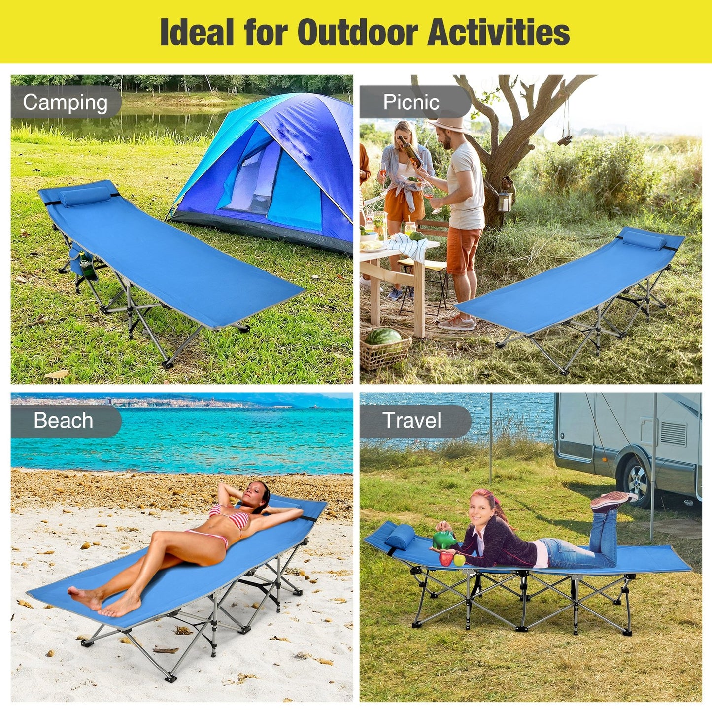 Folding Camping Cot with Side Storage Pocket Detachable Headrest, Blue Camping Furniture   at Gallery Canada