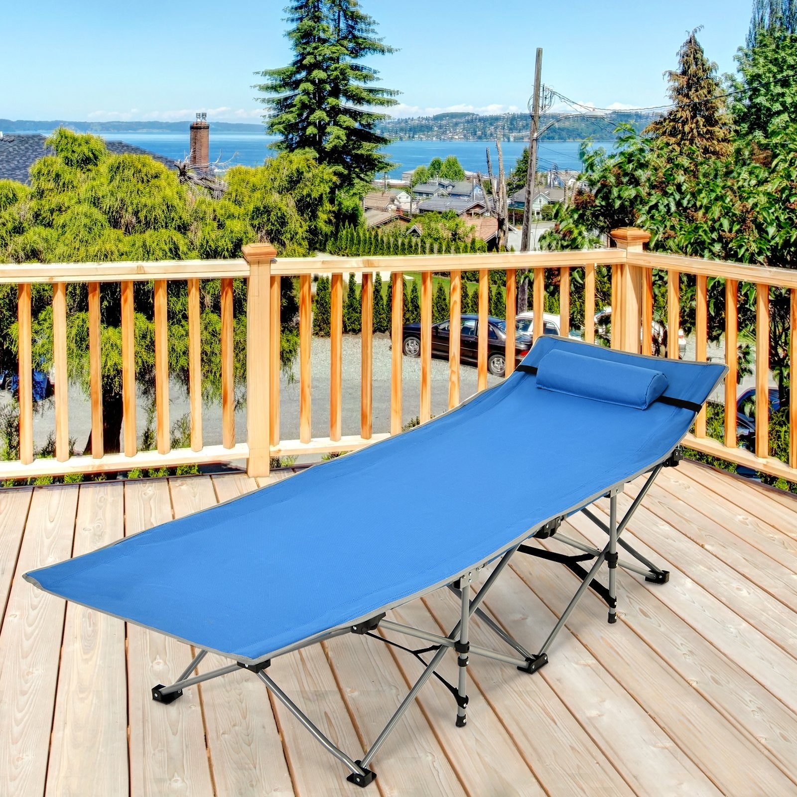 Folding Camping Cot with Side Storage Pocket Detachable Headrest, Blue Camping Furniture   at Gallery Canada