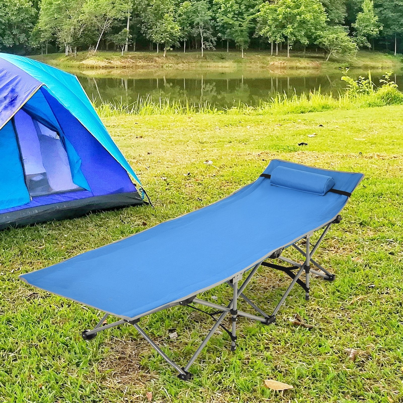 Folding Camping Cot with Side Storage Pocket Detachable Headrest, Blue Camping Furniture   at Gallery Canada