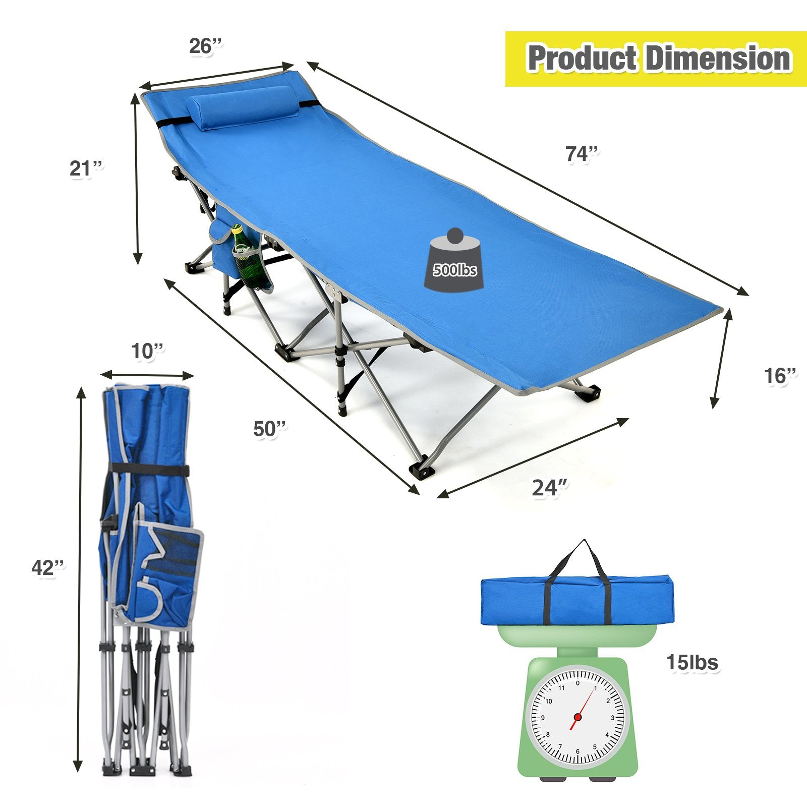 Folding Camping Cot with Side Storage Pocket Detachable Headrest, Blue Camping Furniture   at Gallery Canada