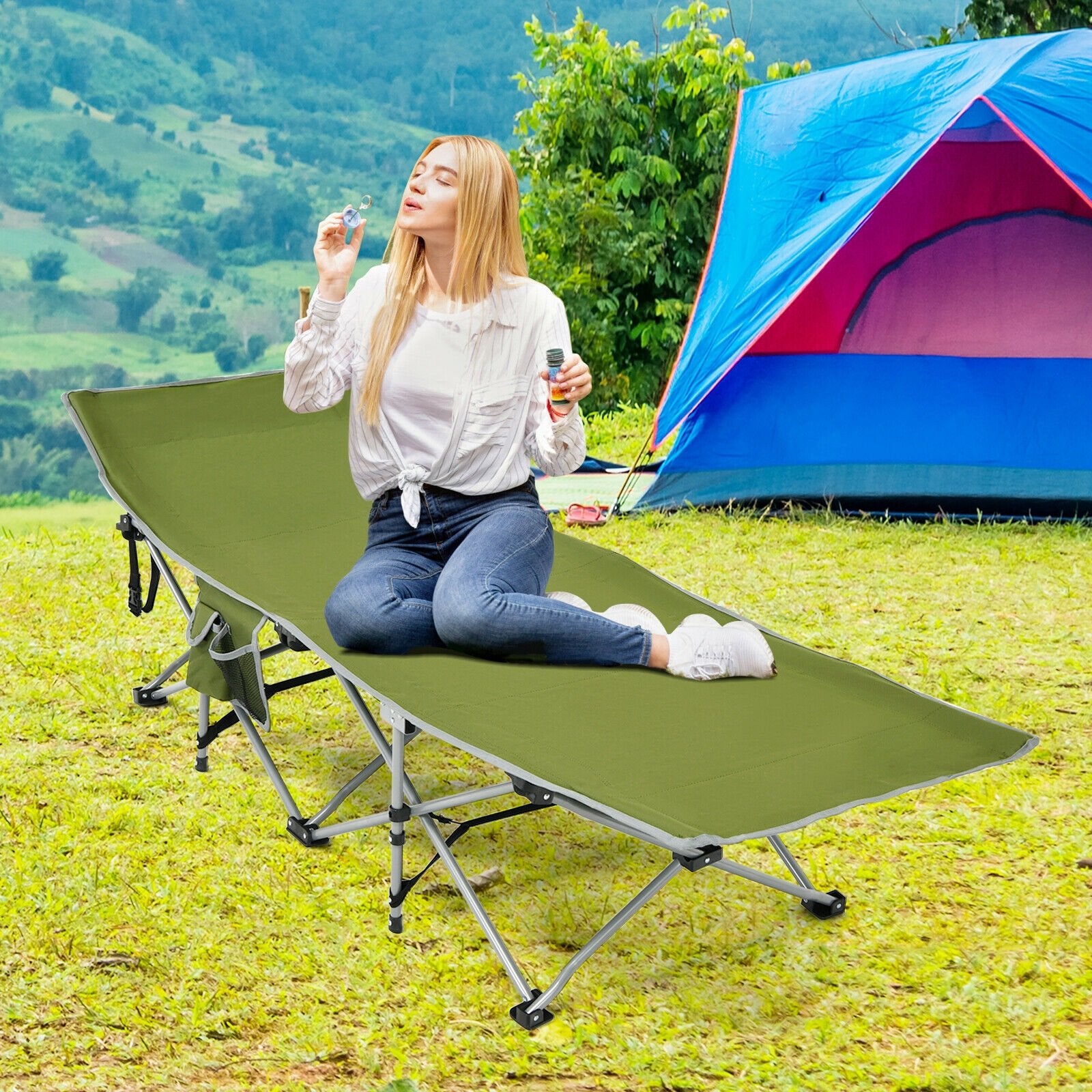 Folding Camping Cot with Side Storage Pocket Detachable Headrest, Green Camping Furniture   at Gallery Canada