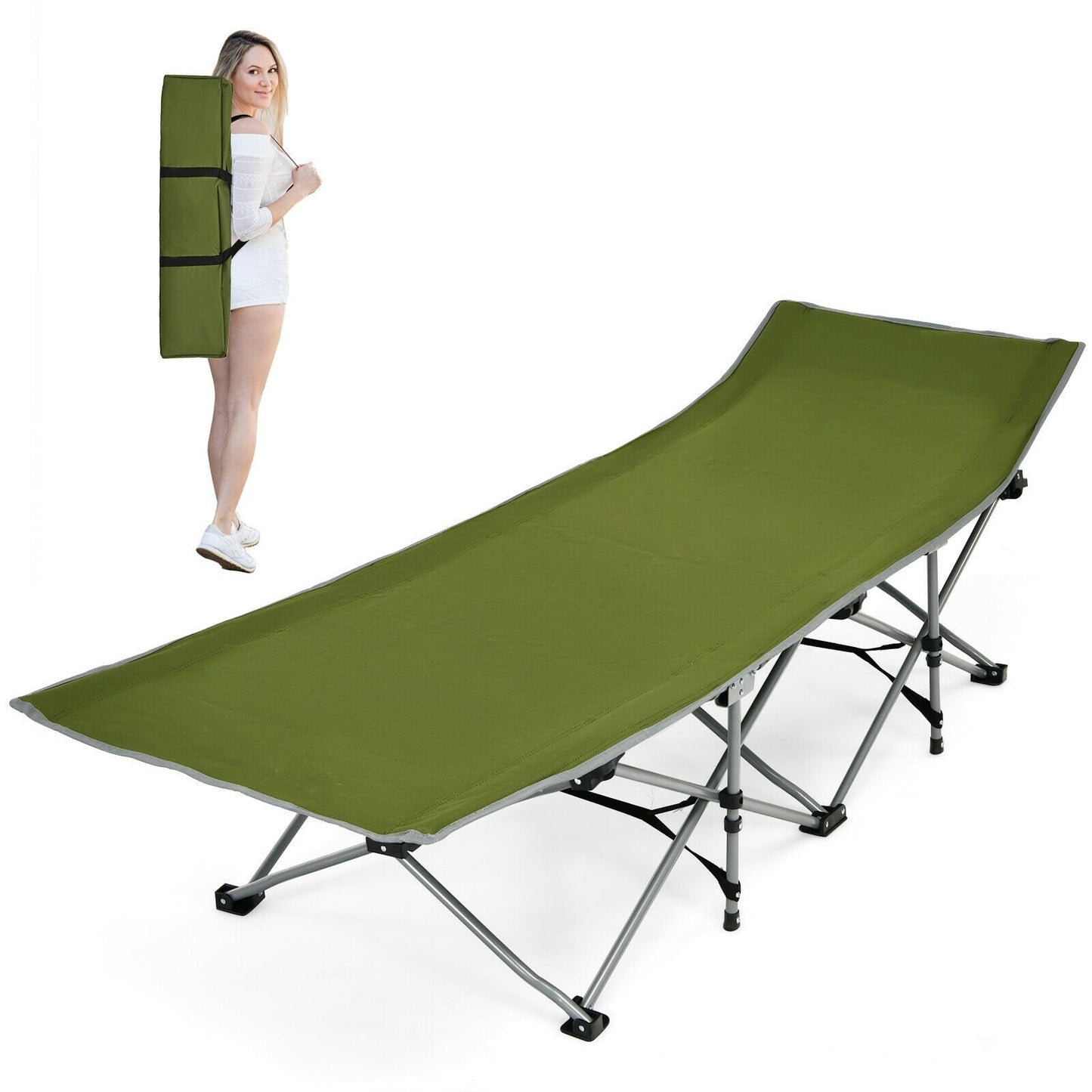 Folding Camping Cot with Side Storage Pocket Detachable Headrest, Green - Gallery Canada