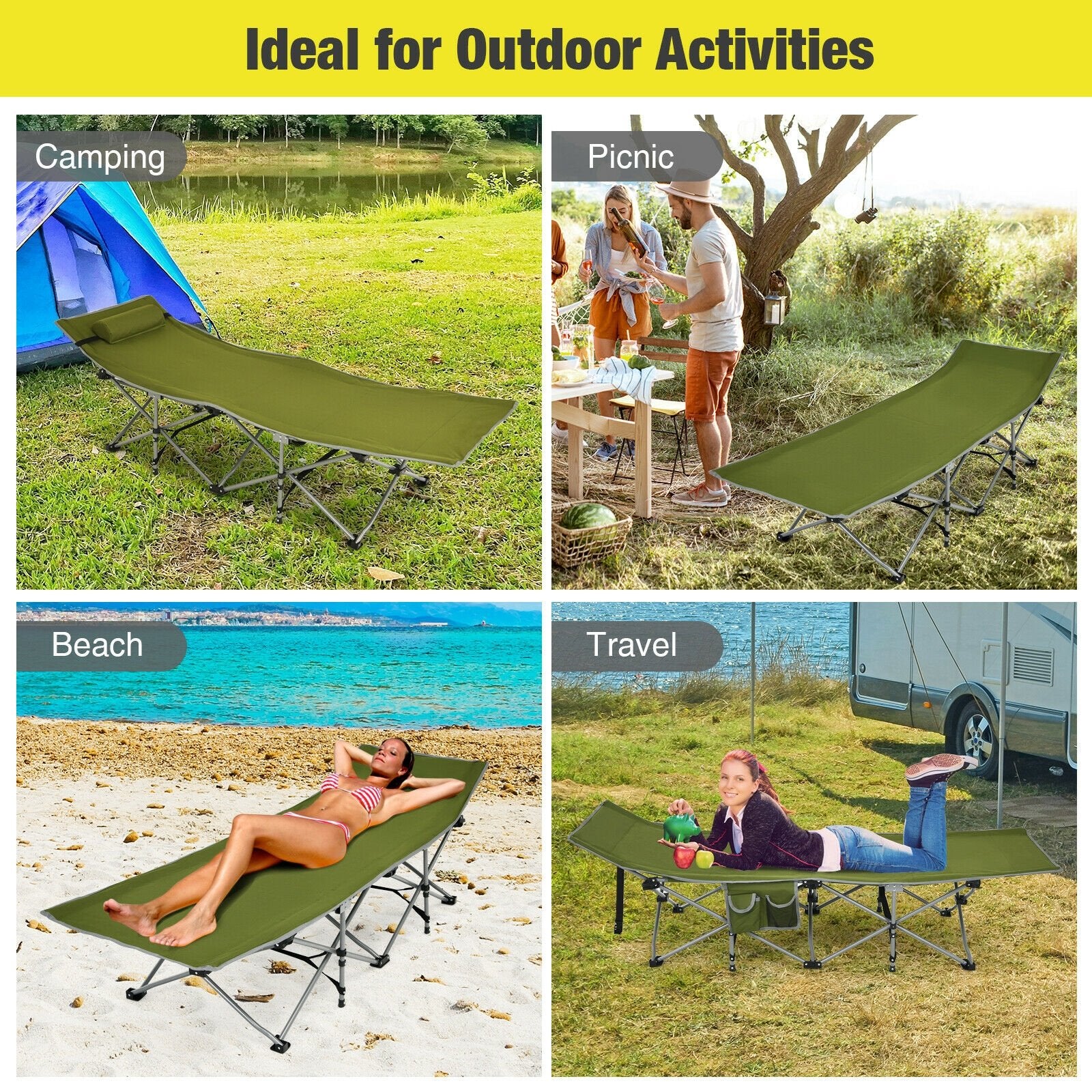 Folding Camping Cot with Side Storage Pocket Detachable Headrest, Green Camping Furniture   at Gallery Canada