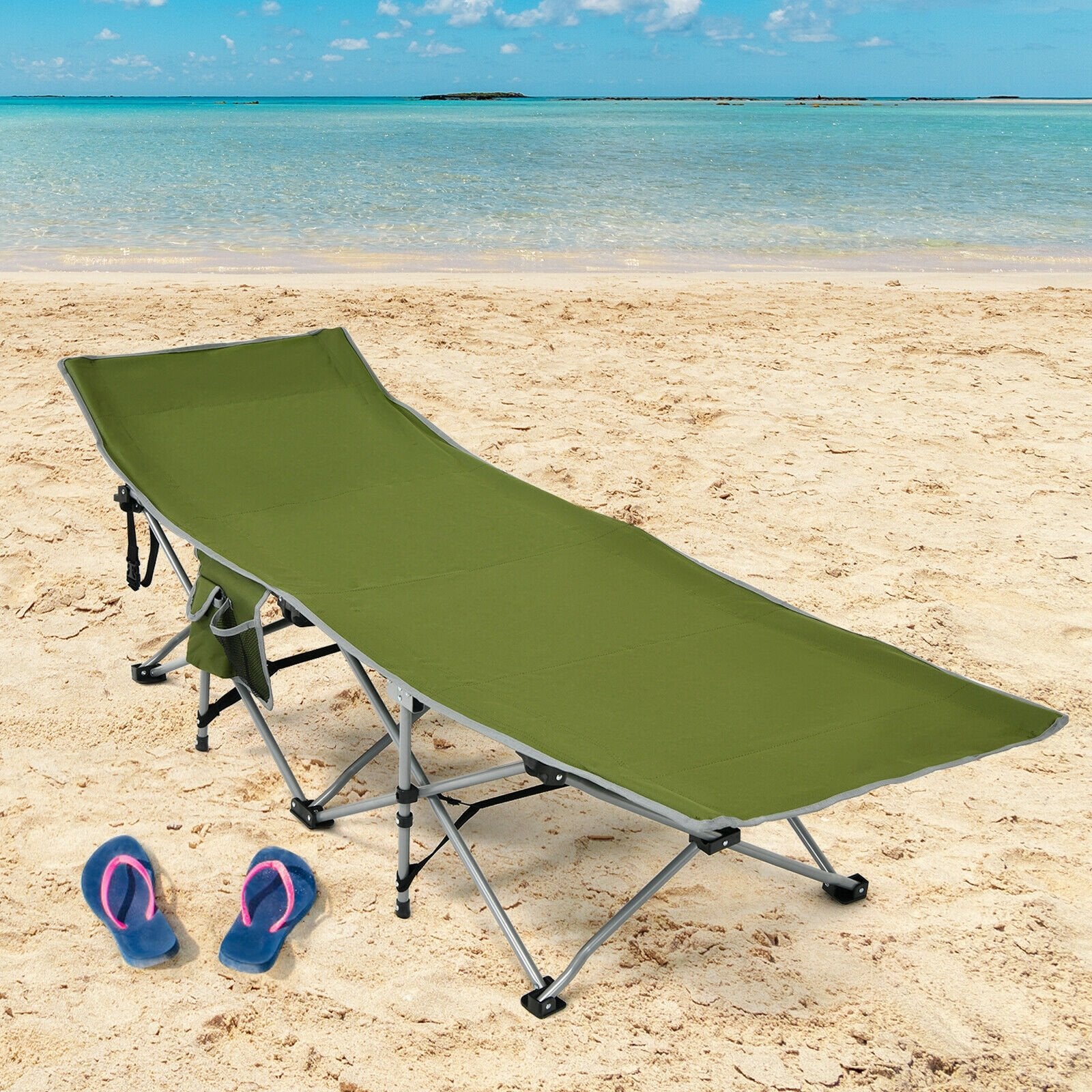 Folding Camping Cot with Side Storage Pocket Detachable Headrest, Green Camping Furniture   at Gallery Canada