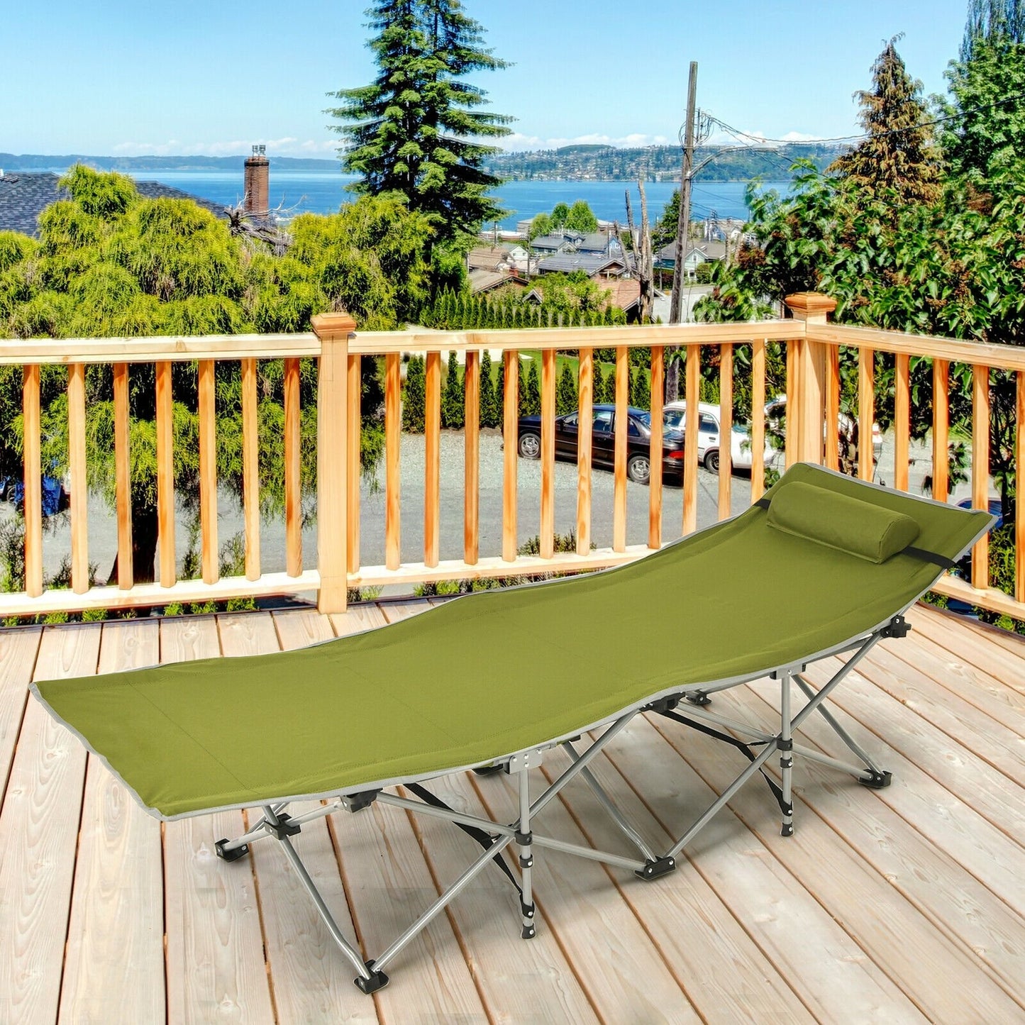 Folding Camping Cot with Side Storage Pocket Detachable Headrest, Green Camping Furniture   at Gallery Canada