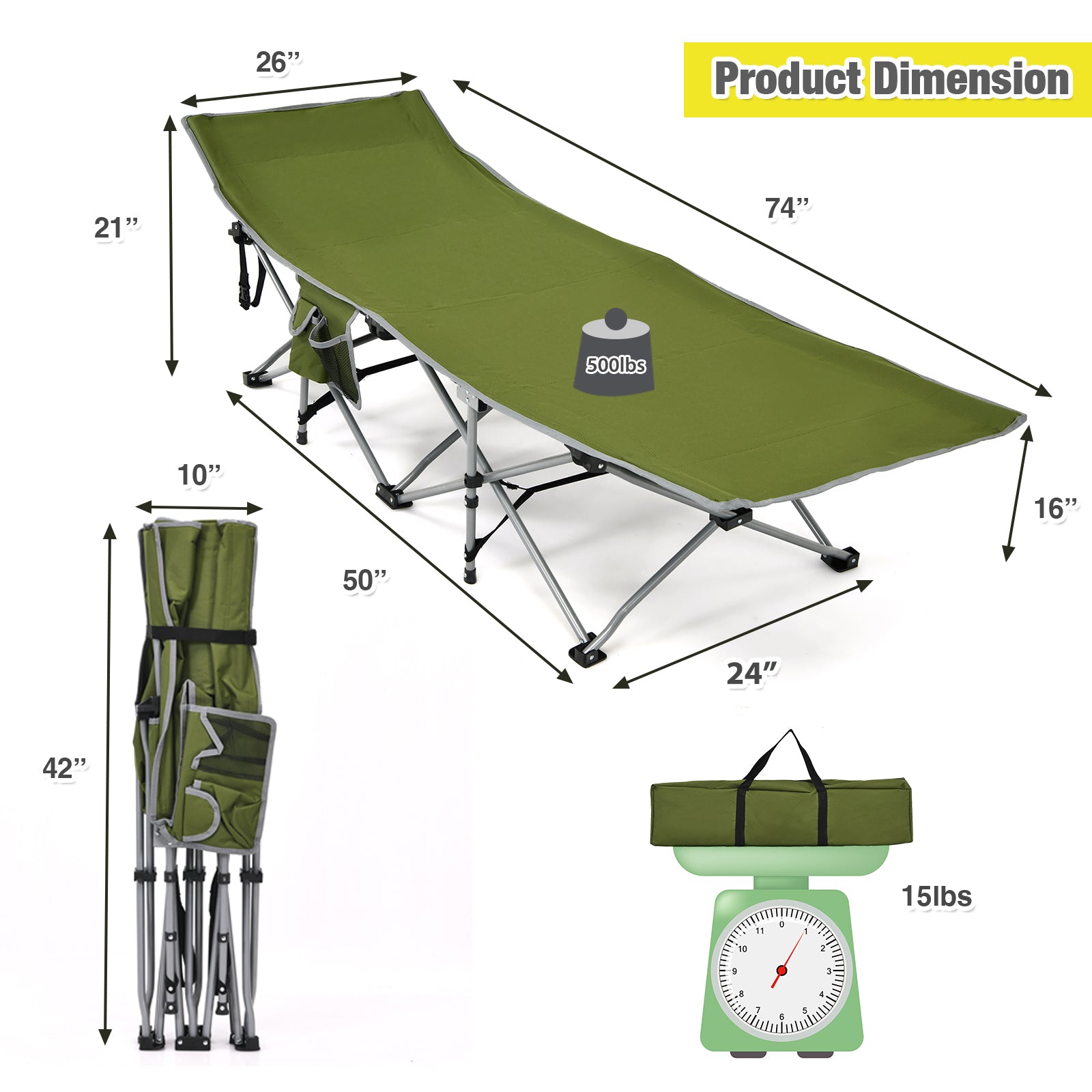 Folding Camping Cot with Side Storage Pocket Detachable Headrest, Green Camping Furniture at Gallery Canada