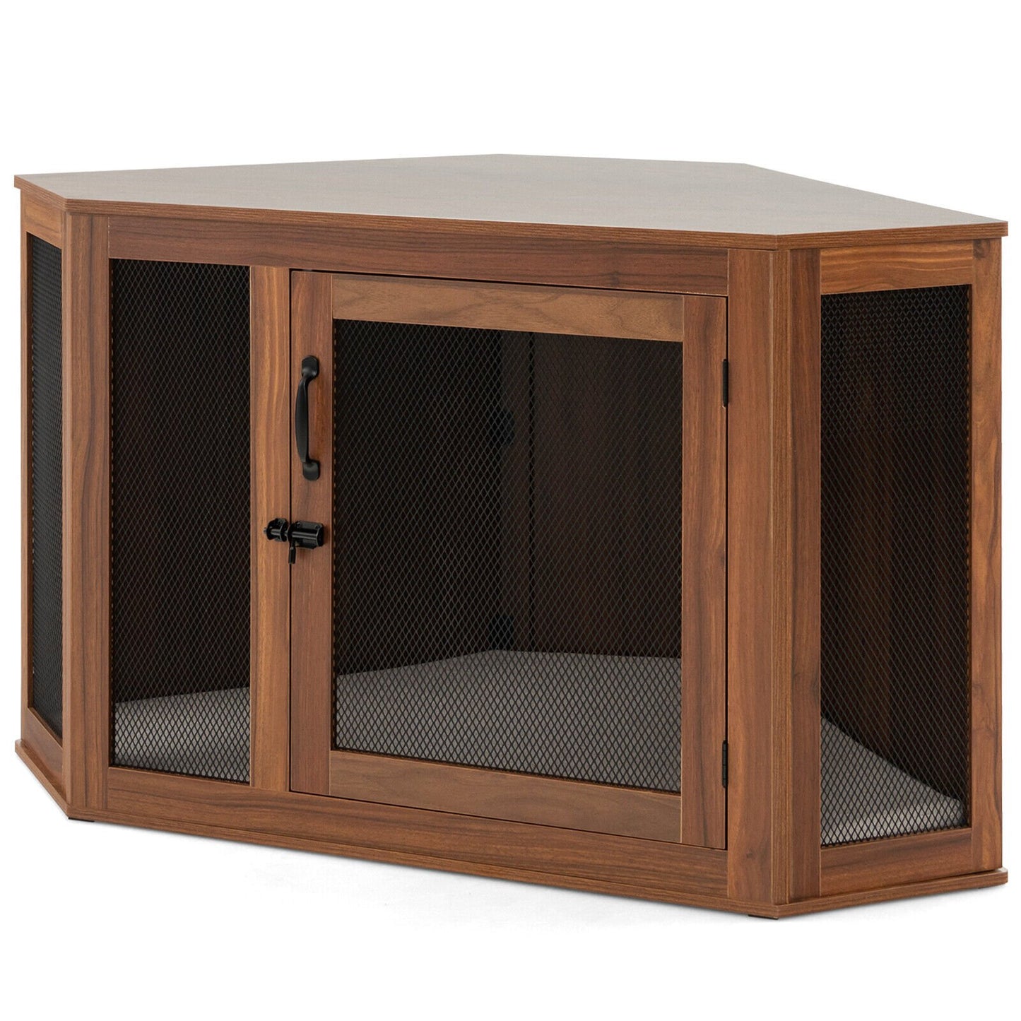 Corner Dog Kennel with Mesh Door and Cushion, Brown - Gallery Canada