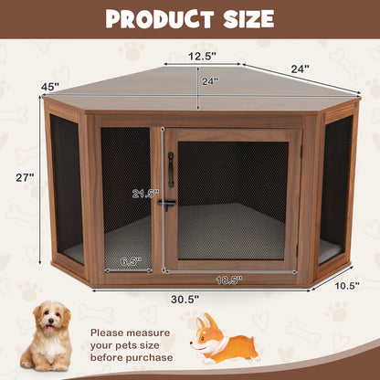 Corner Dog Kennel with Mesh Door and Cushion, Brown - Gallery Canada