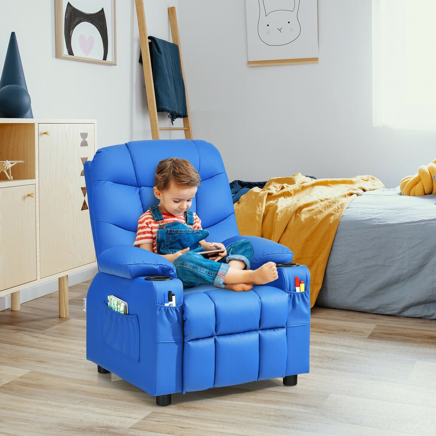 Kids Recliner Chair with Cup Holder and Footrest for Children, Blue - Gallery Canada