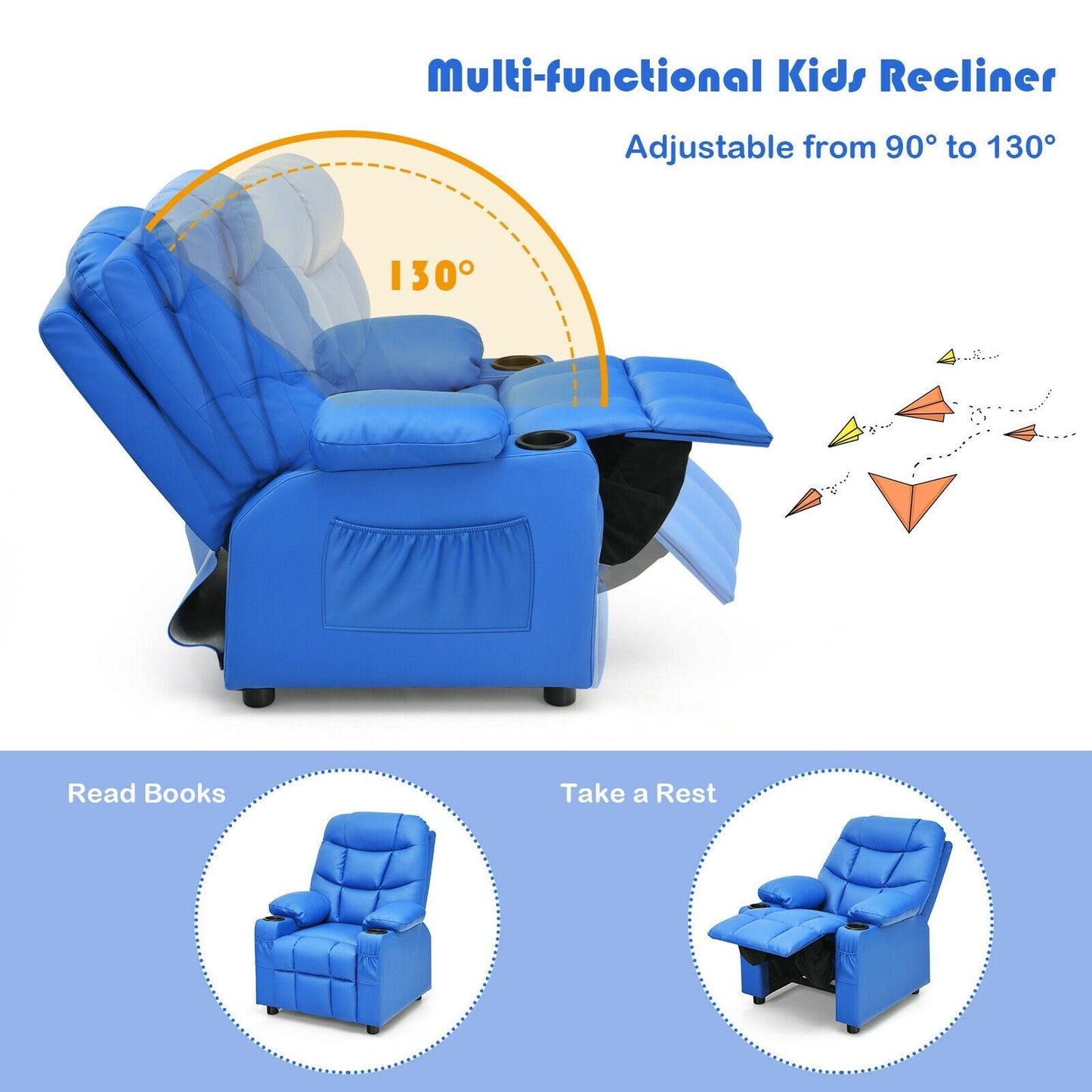 Kids Recliner Chair with Cup Holder and Footrest for Children, Blue Kids Chairs & Seating   at Gallery Canada