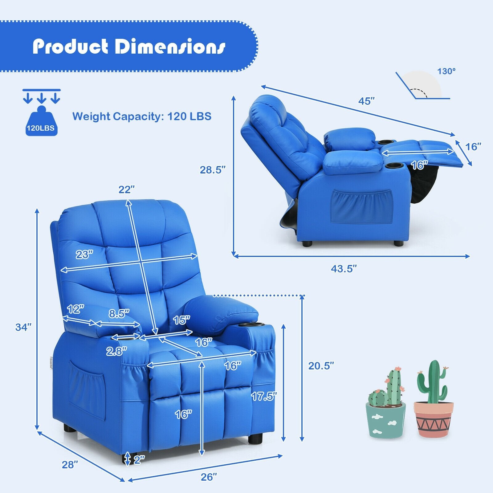 Kids Recliner Chair with Cup Holder and Footrest for Children, Blue Kids Chairs & Seating   at Gallery Canada