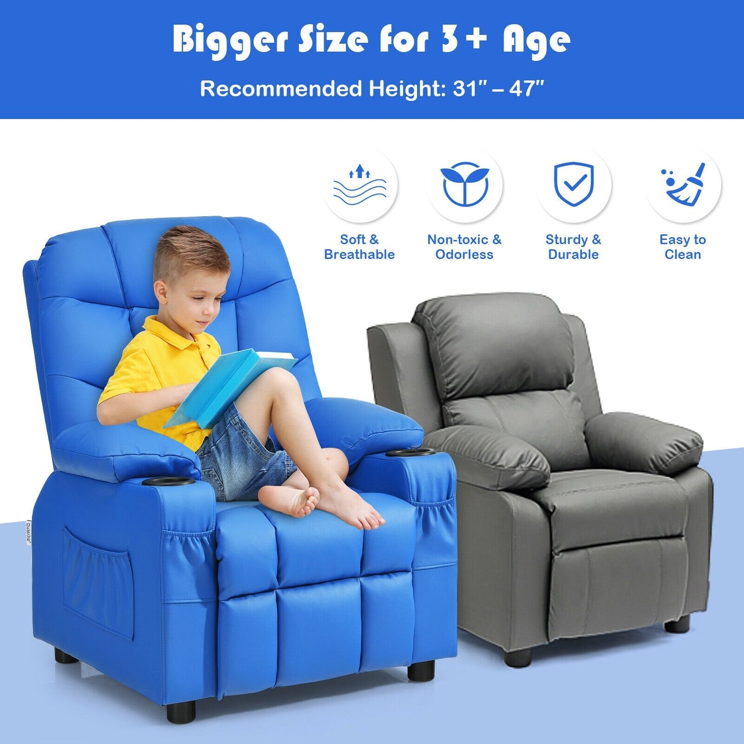 Kids Recliner Chair with Cup Holder and Footrest for Children, Blue Kids Chairs & Seating   at Gallery Canada