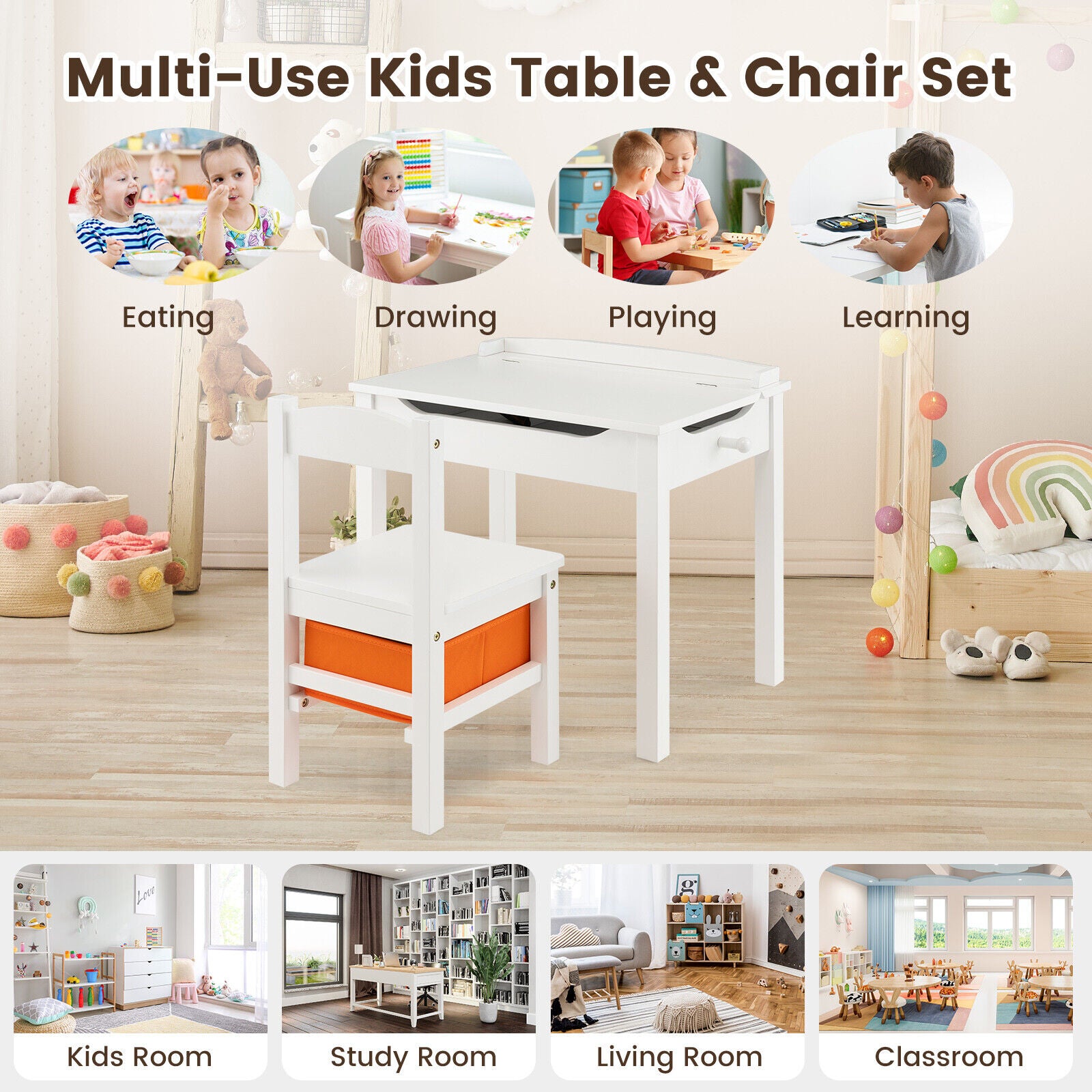 Wood Activity Kids Table and Chair Set with Storage Space, White Kids Table & Chair Sets at Gallery Canada