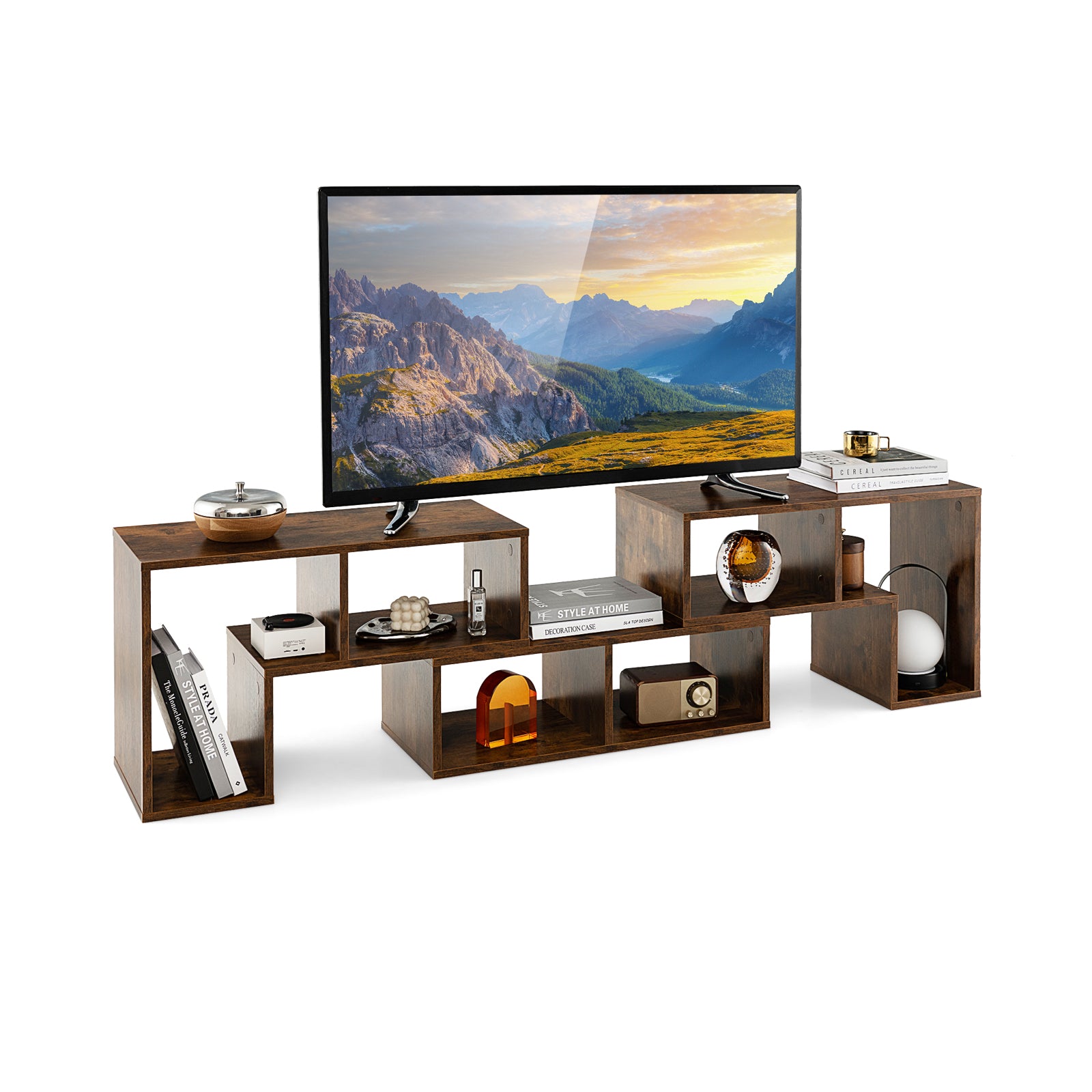 3 Pieces Console TV Stand for TVs up to 65 Inch with Shelves, Brown Entertainment Centers & TV Stands at Gallery Canada