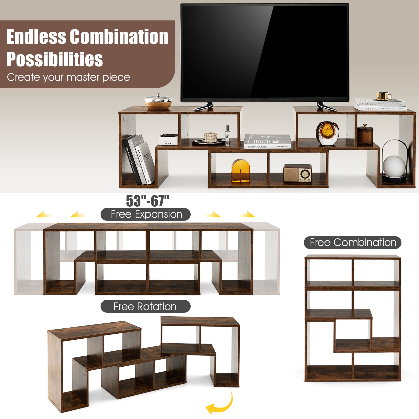 3 Pieces Console TV Stand for TVs up to 65 Inch with Shelves, Brown Entertainment Centers & TV Stands   at Gallery Canada