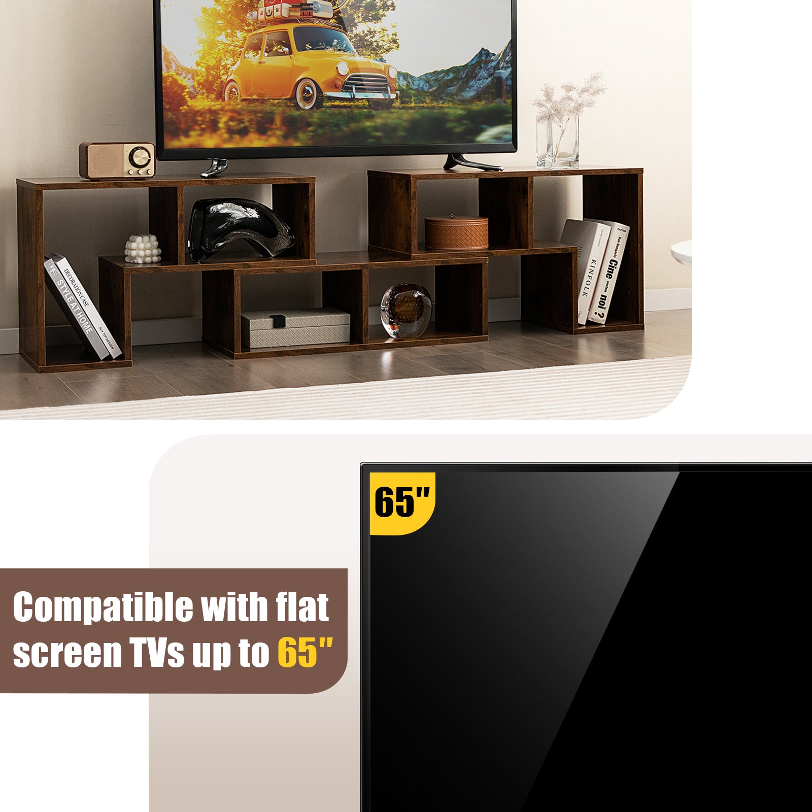 3 Pieces Console TV Stand for TVs up to 65 Inch with Shelves, Brown Entertainment Centers & TV Stands   at Gallery Canada