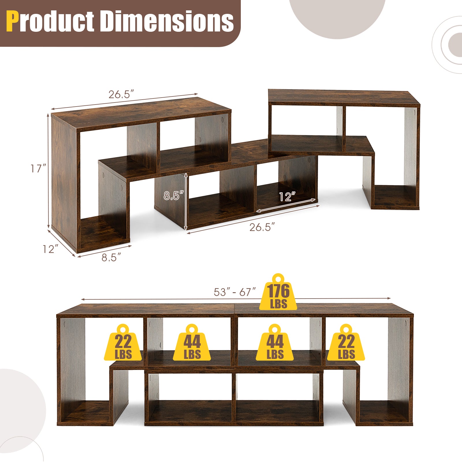 3 Pieces Console TV Stand for TVs up to 65 Inch with Shelves, Brown Entertainment Centers & TV Stands   at Gallery Canada