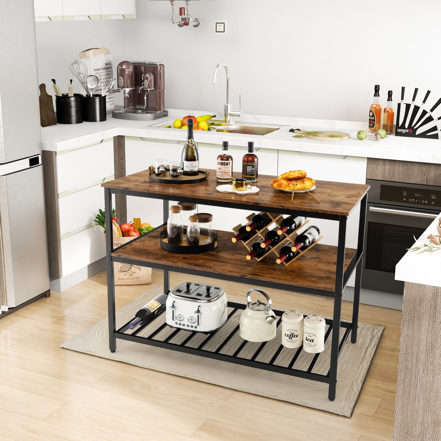 3 Shelves Kitchen Island Industrial Prep Table with Bottom Wine Rack, Rustic Brown Baker's Racks   at Gallery Canada