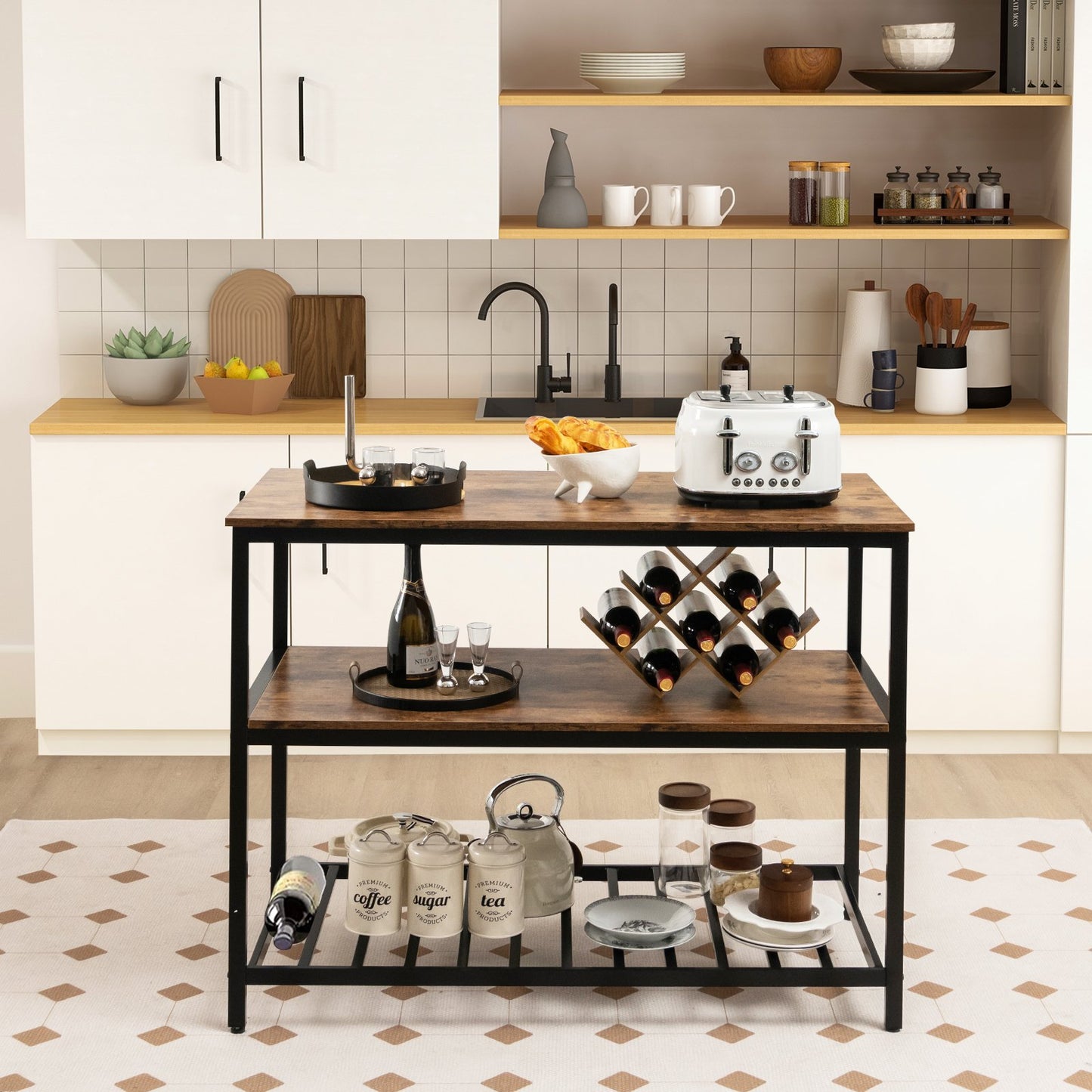 3 Shelves Kitchen Island Industrial Prep Table with Bottom Wine Rack, Rustic Brown Baker's Racks   at Gallery Canada