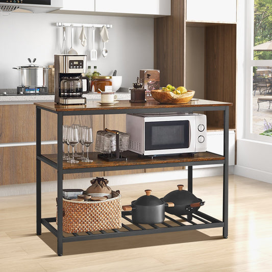 3 Shelves Kitchen Island Industrial Prep Table with Bottom Wine Rack, Rustic Brown Baker's Racks   at Gallery Canada