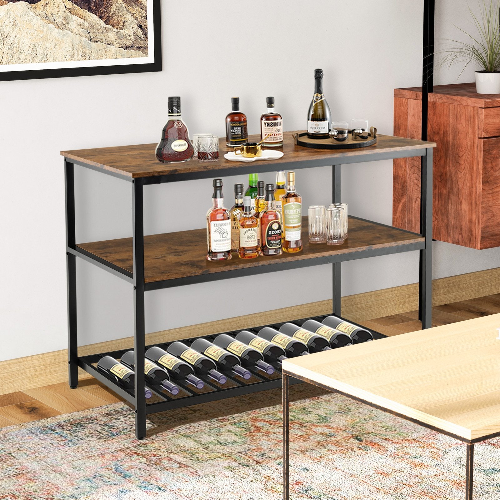 3 Shelves Kitchen Island Industrial Prep Table with Bottom Wine Rack, Rustic Brown Baker's Racks   at Gallery Canada